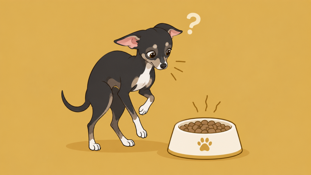 急にフードを切り替えると警戒して食べない犬のイラスト