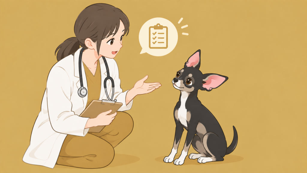 動物病院で獣医師に相談する犬のイラスト
