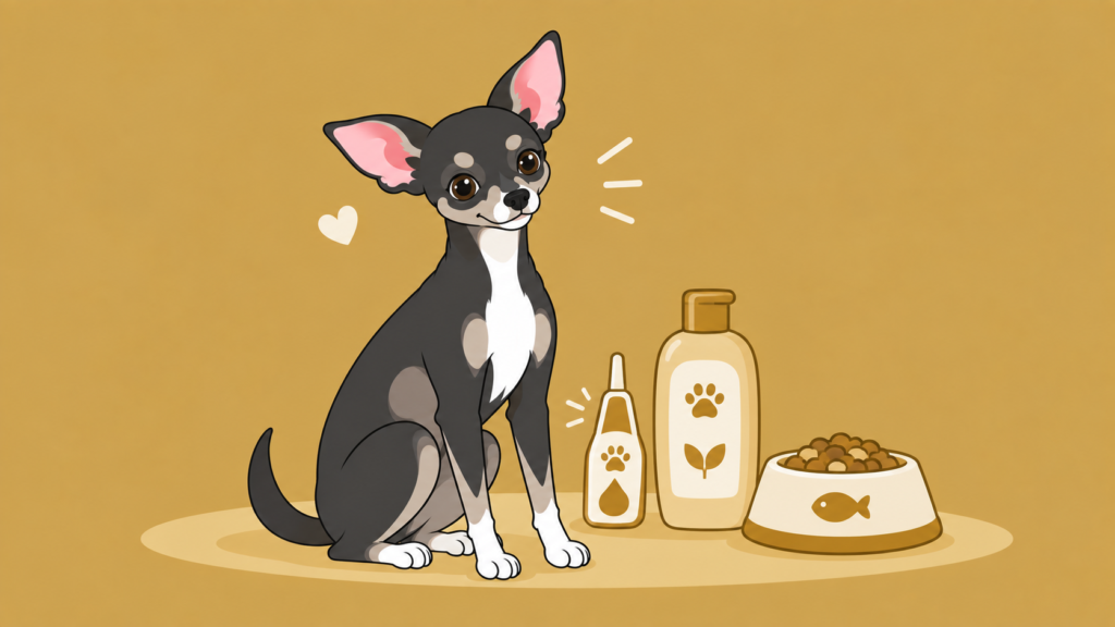 ノミ予防やシャンプー、食事などの自宅ケアを表すイラスト