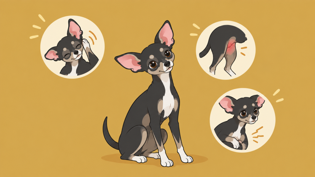 犬の食物アレルギー症状（皮膚の痒み・下痢）を示すイラスト