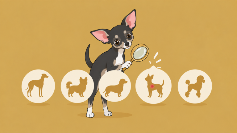 アレルギーが出やすい犬種を虫眼鏡でチェックするイラスト