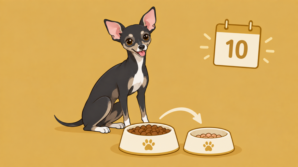 犬の腎臓ケア食への切り替え方を表すイラスト。2つのフードボウルと矢印