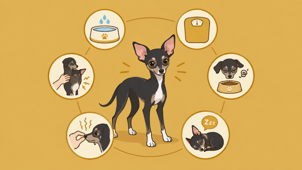 犬の腎臓病の初期症状チェックリストをまとめたイラスト(多飲・多尿・体重減少・食欲低下など)