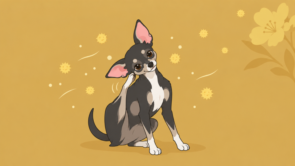 花粉やハウスダストが原因の皮膚アレルギーで体をかく犬のイラスト
