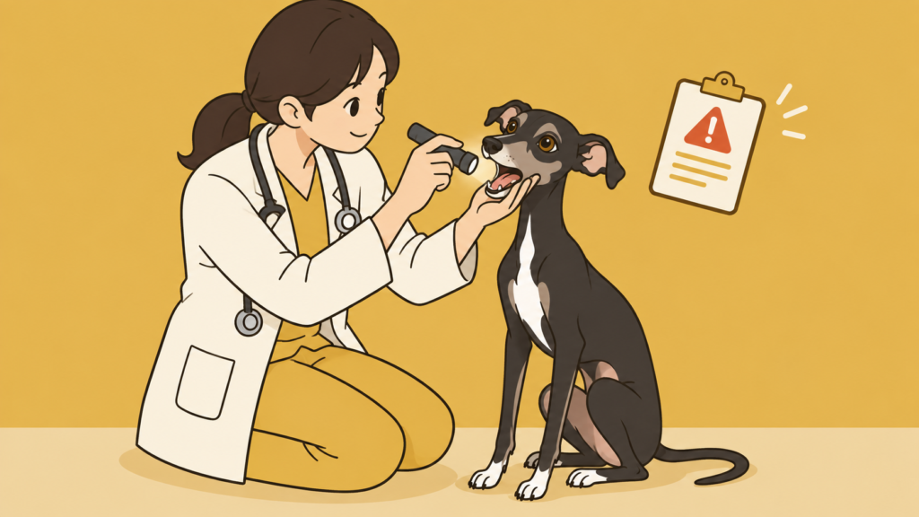 危険なサインで動物病院を受診する犬のイラスト