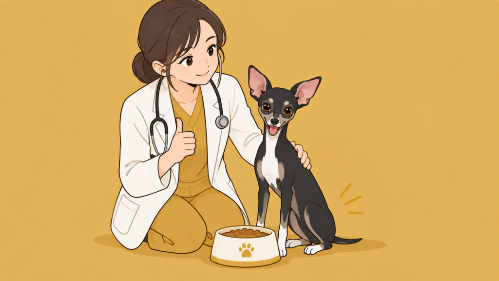 獣医師の指導のもと療法食を食べる犬のイラスト