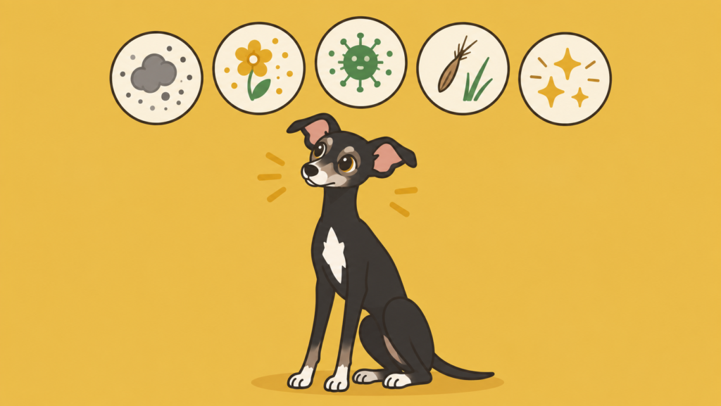 犬がくしゃみをする原因（ホコリ・花粉・感染症・異物・興奮）を表すインフォグラフィック