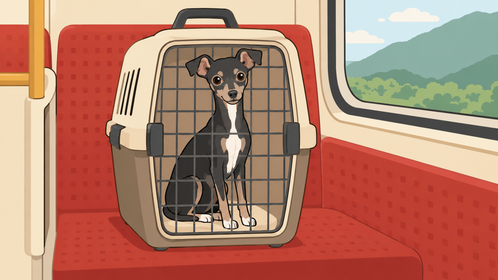 ケースに入って登山電車の座席で落ち着くルーク隊長のイラスト