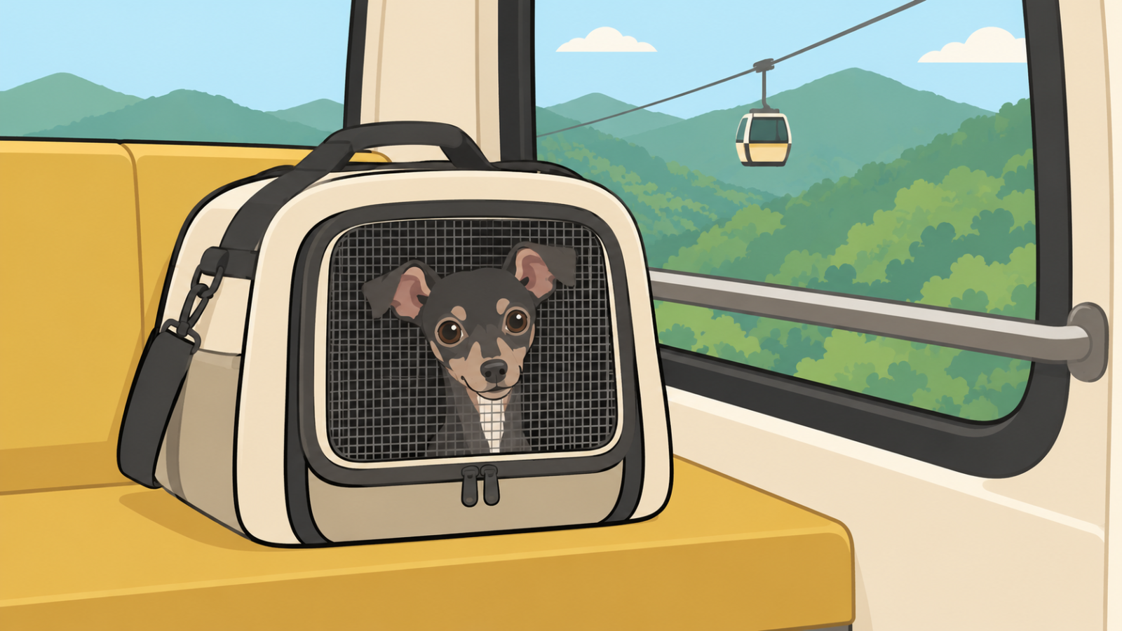キャリーバッグに入ってロープウェイのゴンドラに乗るルーク隊長のイラスト