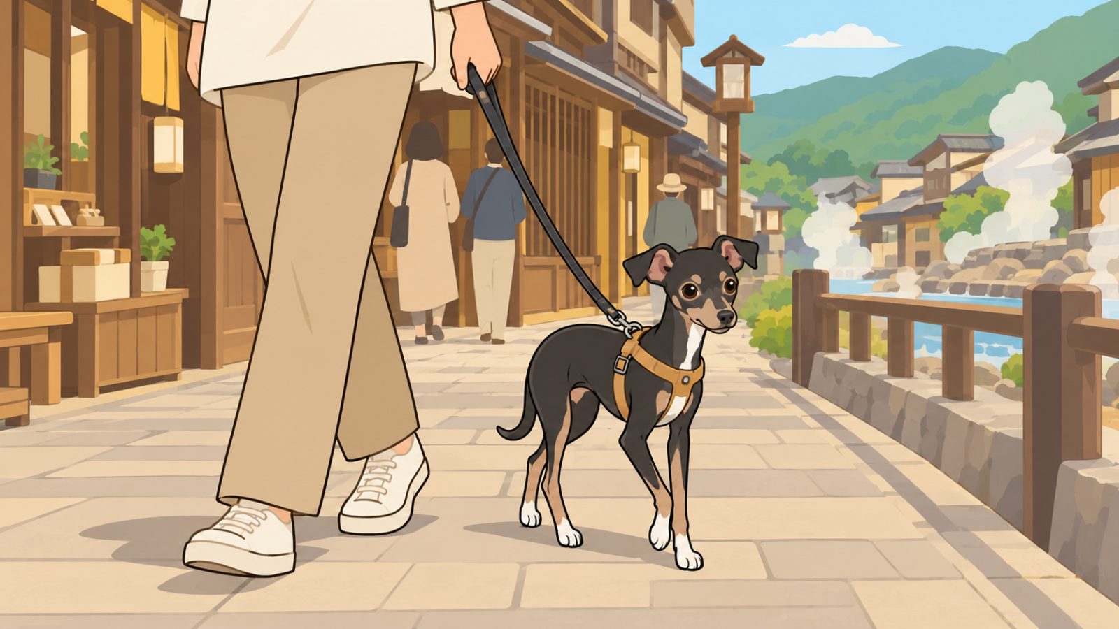 人混みの温泉街でハーネスとリードを短く持って歩くルーク隊長のイラスト