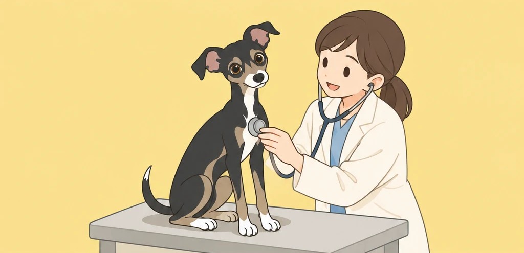 動物病院で診察を受けるルーク隊長のイラスト