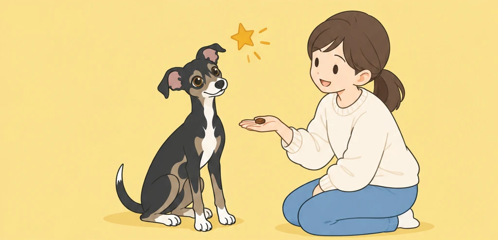 おすわりでごほうびをもらうルーク隊長のイラスト