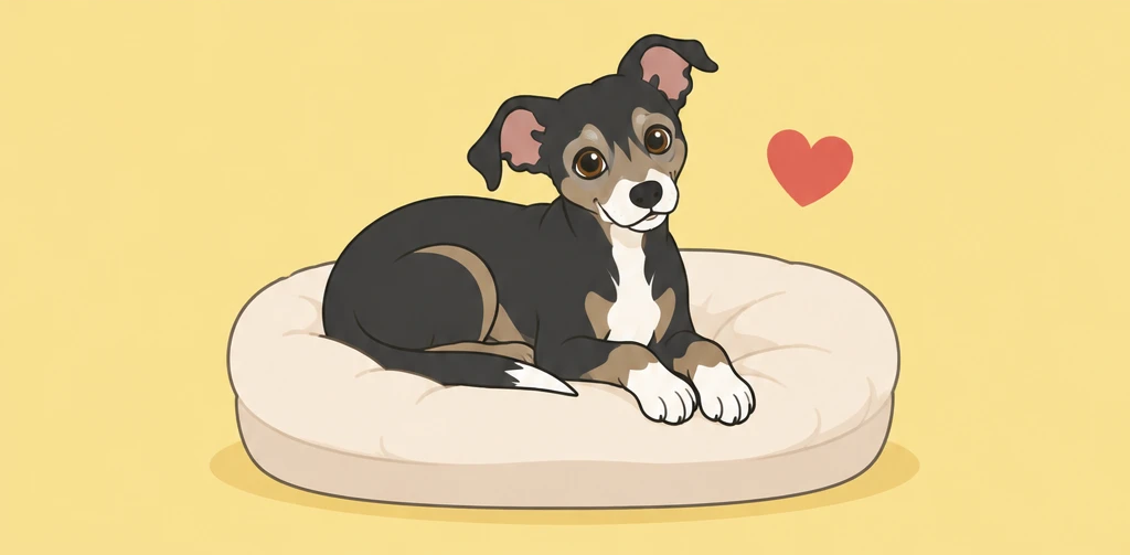 クッションで休むシニア犬のルーク隊長のイラスト