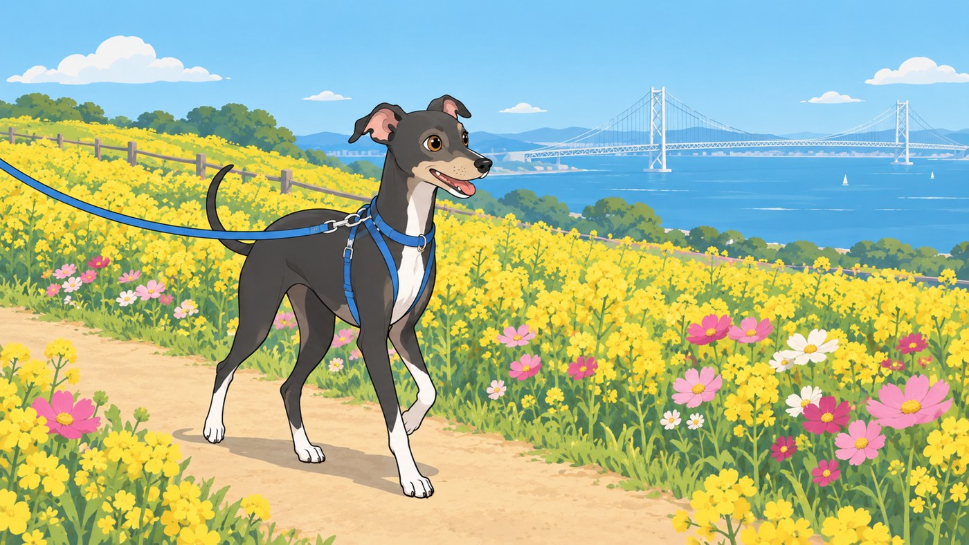 リードで菜の花畑の道を歩くルーク隊長のイラスト