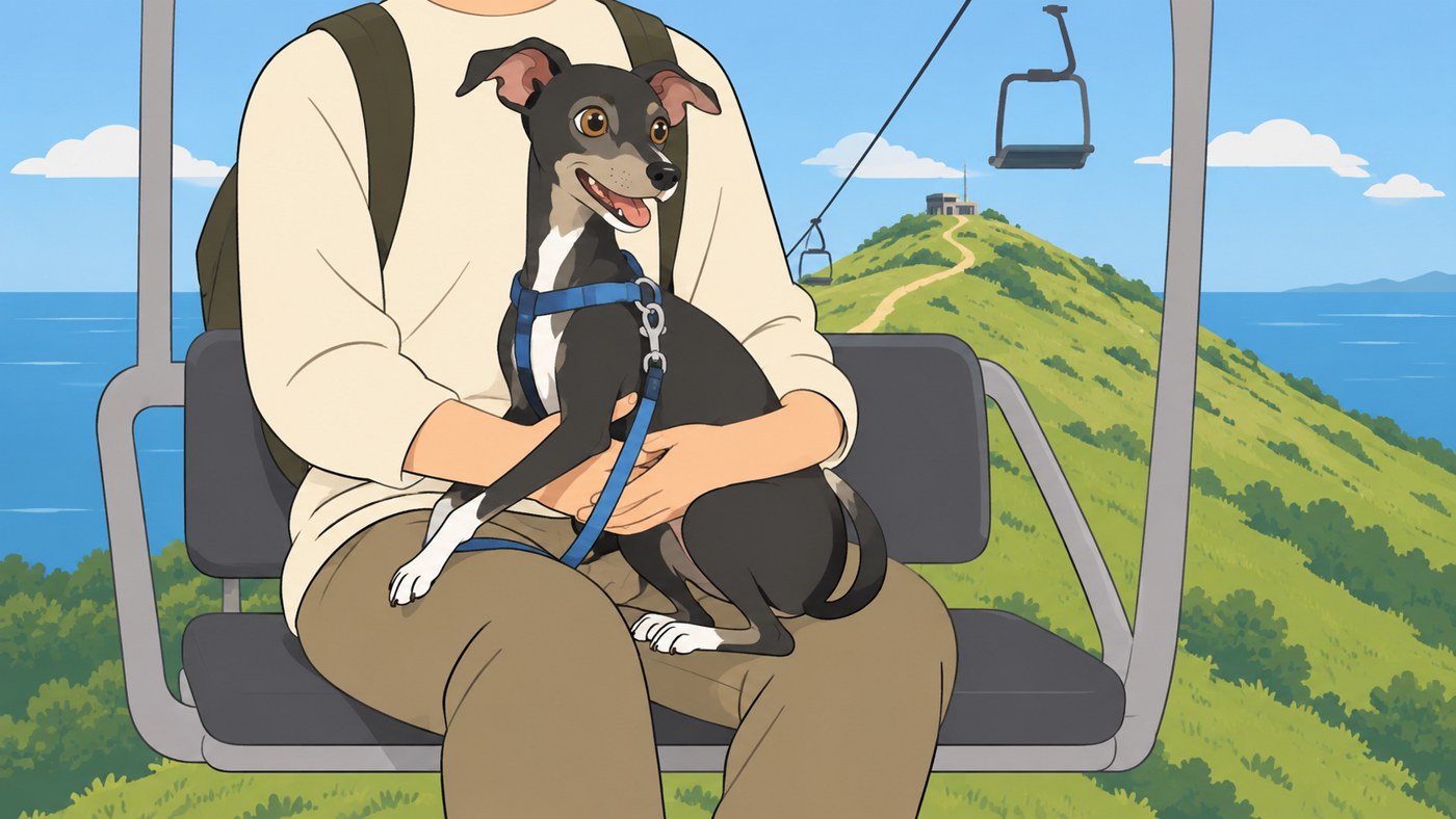 リフトで抱っこされて山を登るルーク隊長のイラスト