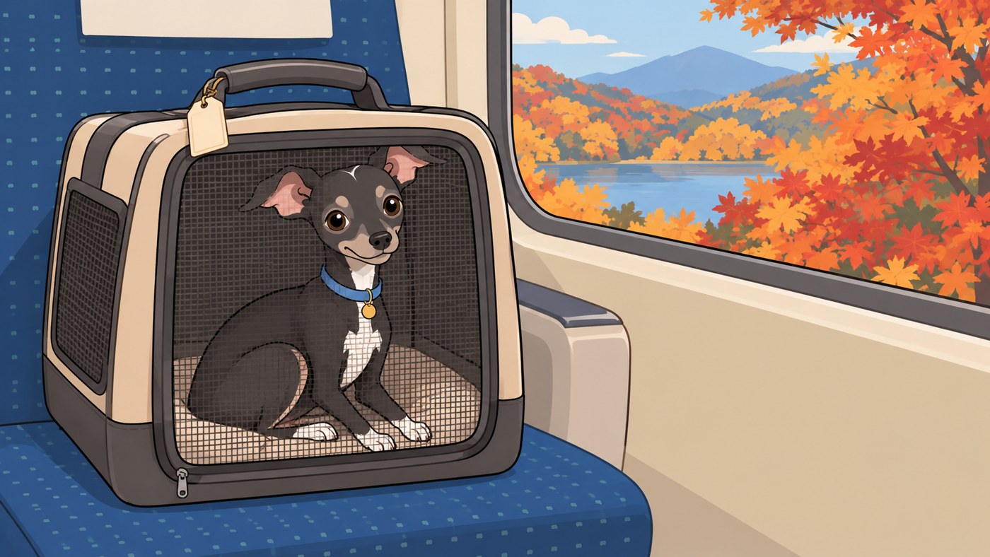 キャリーに入って電車の座席で落ち着くルーク隊長のイラスト