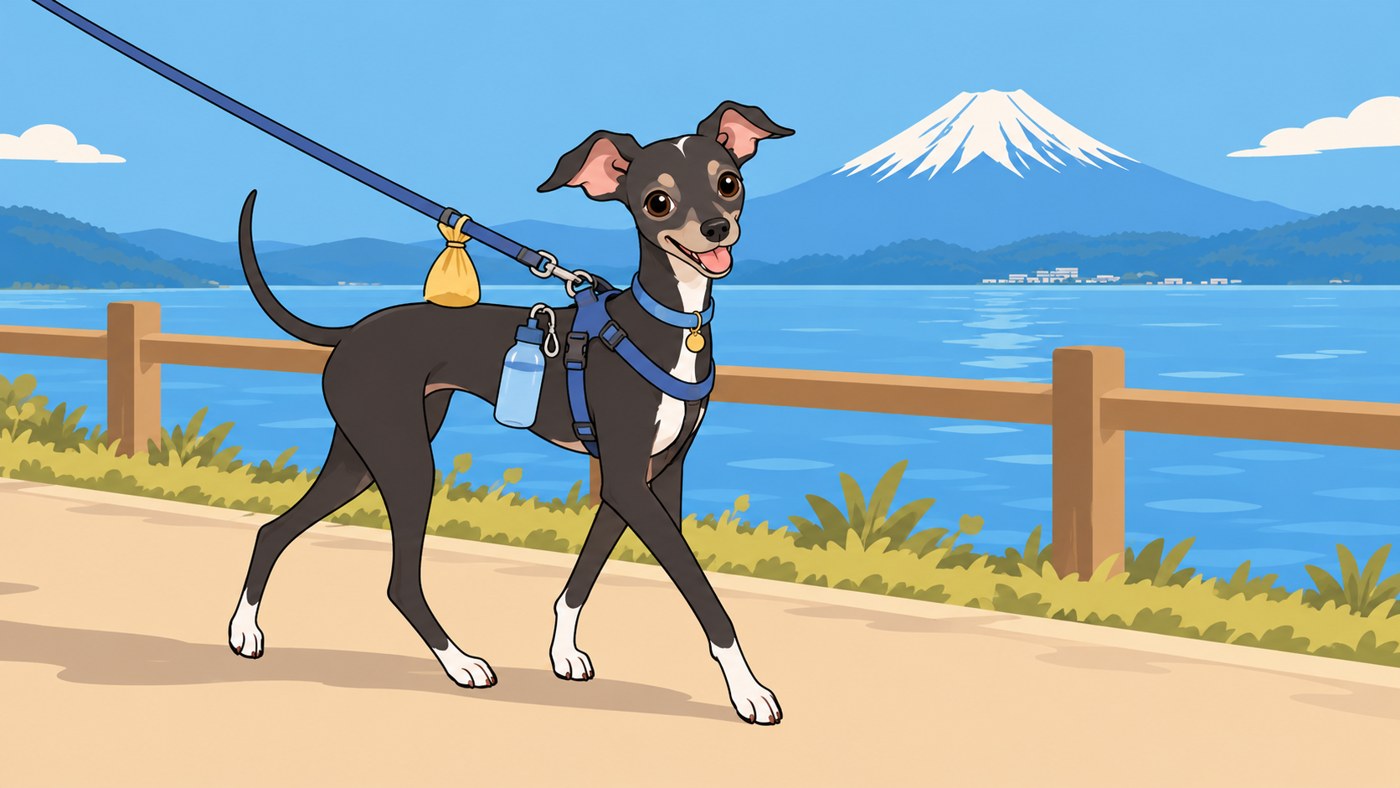 リードとフンの袋を持って湖畔を歩くルーク隊長のイラスト