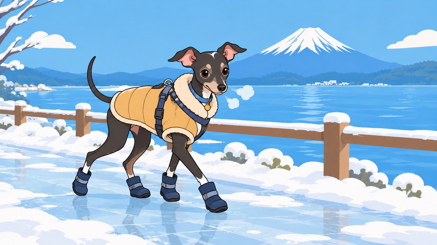 防寒着と靴で凍った湖畔を歩くルーク隊長のイラスト