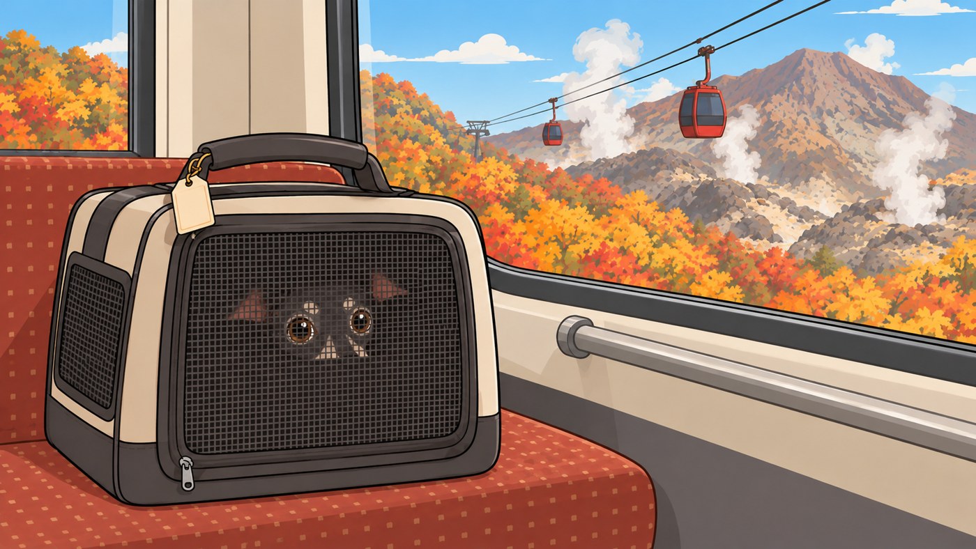 キャリーバッグに入ってロープウェイのゴンドラに乗るルーク隊長のイラスト