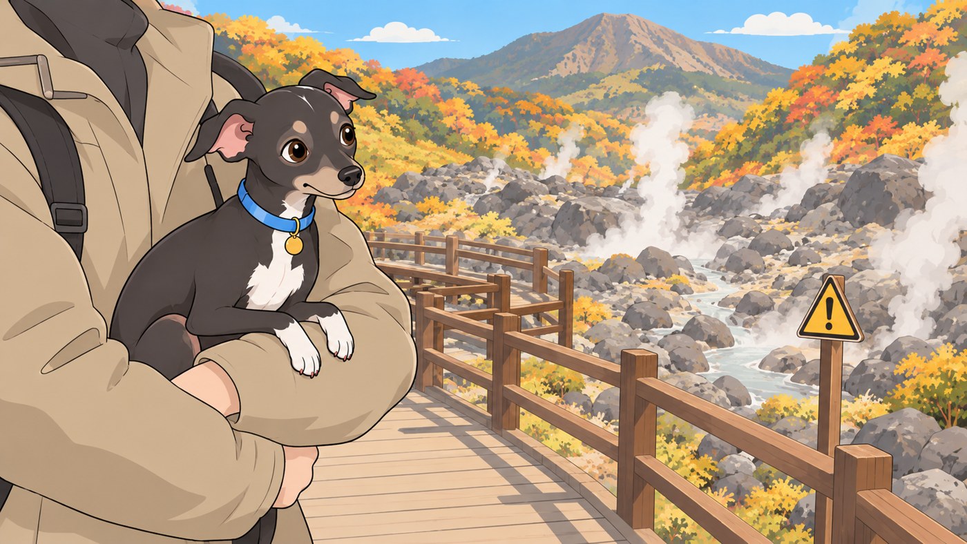火山ガスの注意の看板のそばで抱っこされるルーク隊長のイラスト